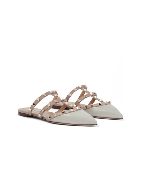 Cheap Reps Valentino Rockstud Flat Mules In Opal-grey Patent Leather