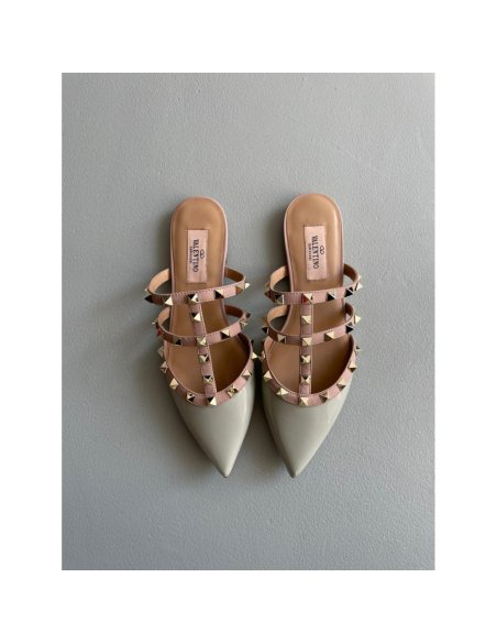 Cheap Reps Valentino Rockstud Flat Mules In Opal-grey Patent Leather