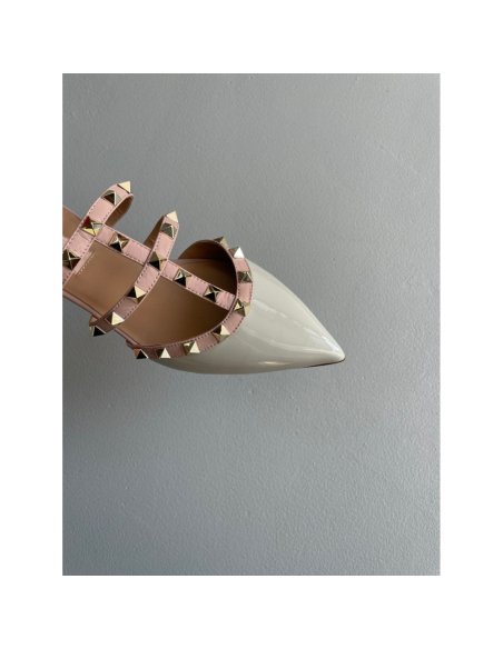 Cheap Reps Valentino Rockstud Flat Mules In Opal-grey Patent Leather