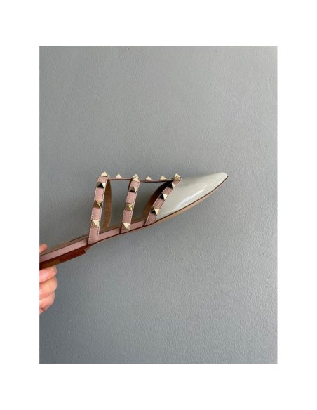 Cheap Reps Valentino Rockstud Flat Mules In Opal-grey Patent Leather