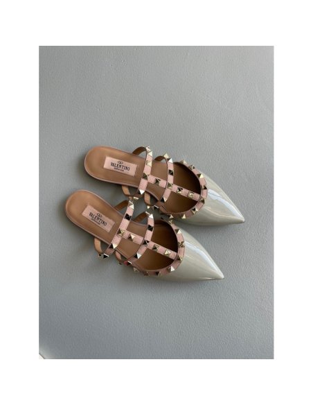 Cheap Reps Valentino Rockstud Flat Mules In Opal-grey Patent Leather
