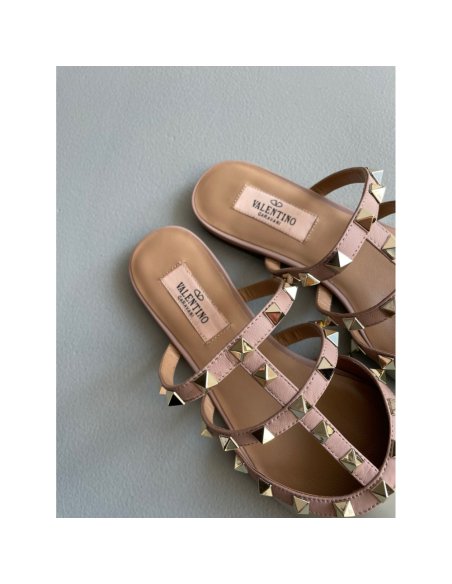 Cheap Reps Valentino Rockstud Flat Mules In Opal-grey Patent Leather