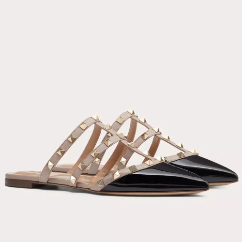 Cheap Reps Valentino Rockstud Flat Mules In Black Patent Leather