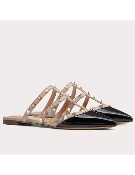 Cheap Reps Valentino Rockstud Flat Mules In Black Patent Leather