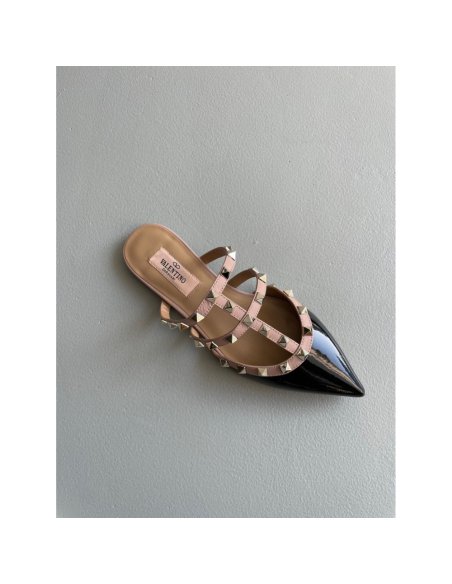 Cheap Reps Valentino Rockstud Flat Mules In Black Patent Leather