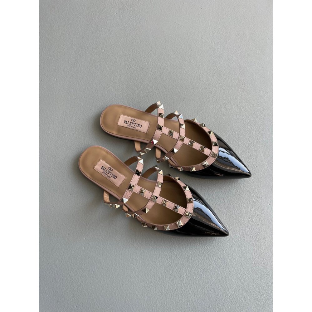 Cheap Reps Valentino Rockstud Flat Mules In Black Patent Leather