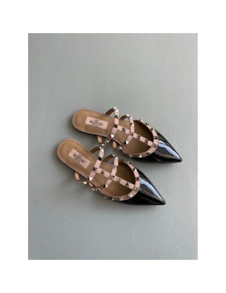 Cheap Reps Valentino Rockstud Flat Mules In Black Patent Leather