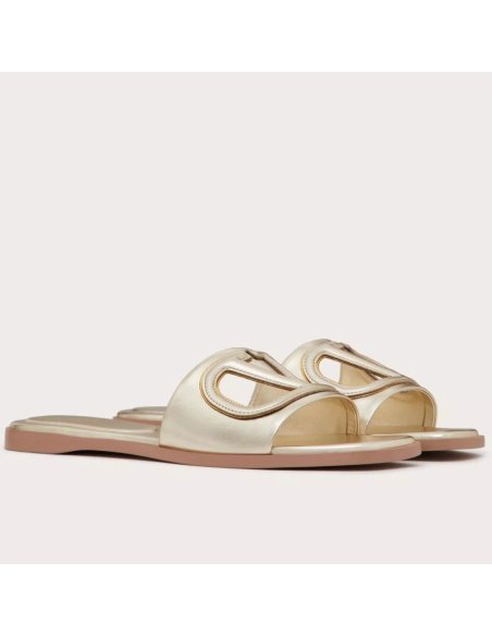 Cheap Reps Valentino VLogo Cut-out Slide Sandals in Gold Metallic Leather