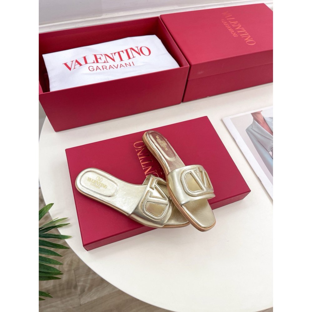 Cheap Reps Valentino VLogo Cut-out Slide Sandals in Gold Metallic Leather
