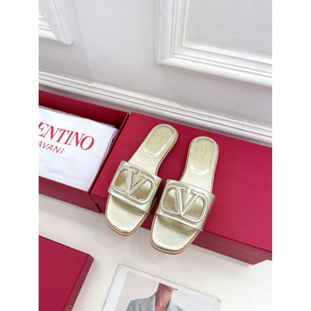 Cheap Reps Valentino VLogo Cut-out Slide Sandals in Gold Metallic Leather