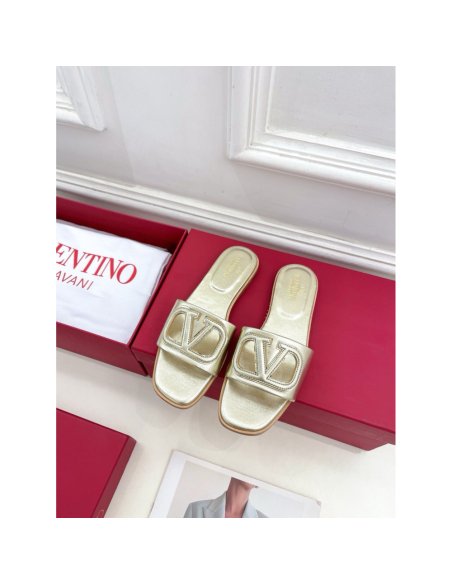 Cheap Reps Valentino VLogo Cut-out Slide Sandals in Gold Metallic Leather