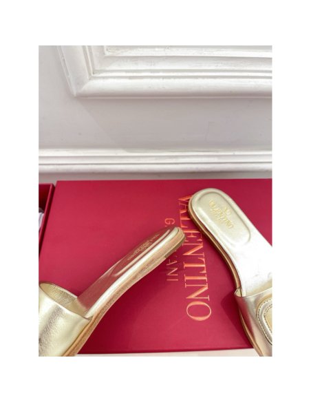 Cheap Reps Valentino VLogo Cut-out Slide Sandals in Gold Metallic Leather