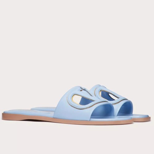Cheap Reps Valentino VLogo Cut-out Slide Sandals in Blue Leather