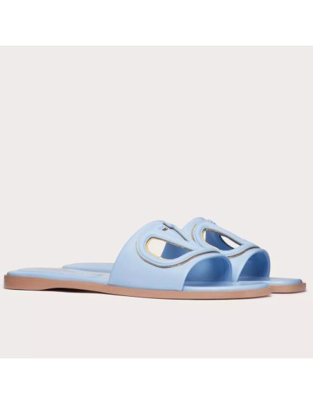 Cheap Reps Valentino VLogo Cut-out Slide Sandals in Blue Leather