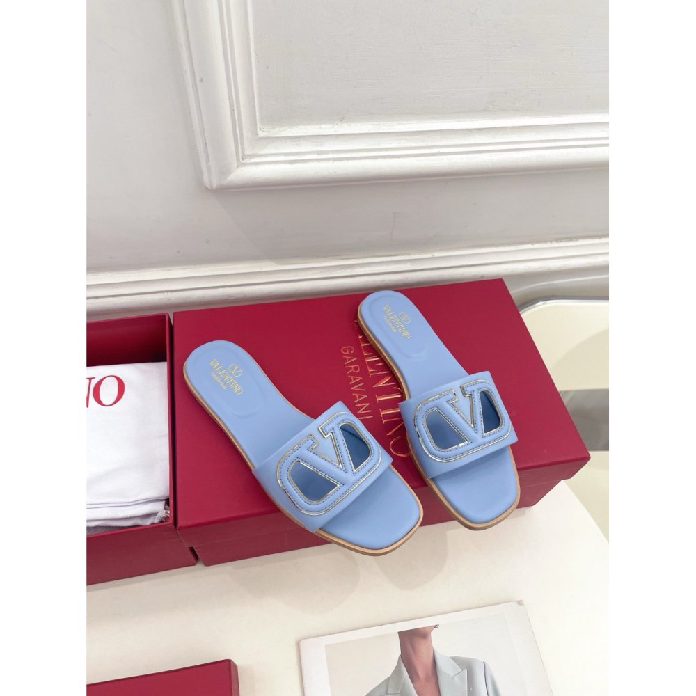Cheap Reps Valentino VLogo Cut-out Slide Sandals in Blue Leather
