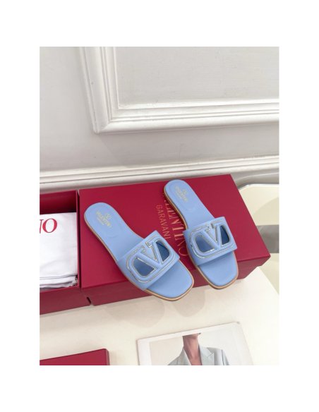 Cheap Reps Valentino VLogo Cut-out Slide Sandals in Blue Leather