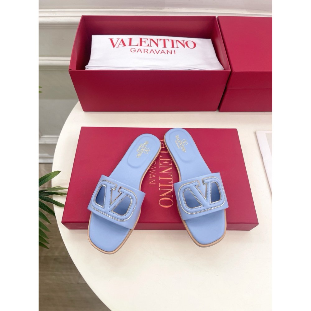Cheap Reps Valentino VLogo Cut-out Slide Sandals in Blue Leather