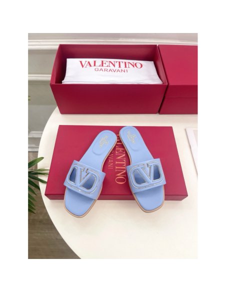 Cheap Reps Valentino VLogo Cut-out Slide Sandals in Blue Leather