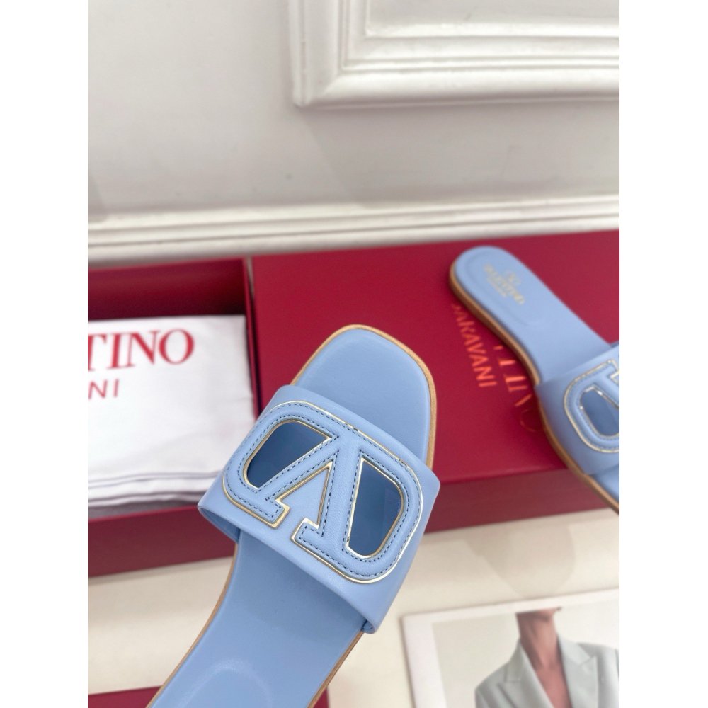 Cheap Reps Valentino VLogo Cut-out Slide Sandals in Blue Leather
