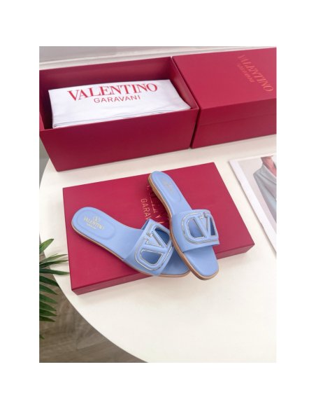 Cheap Reps Valentino VLogo Cut-out Slide Sandals in Blue Leather