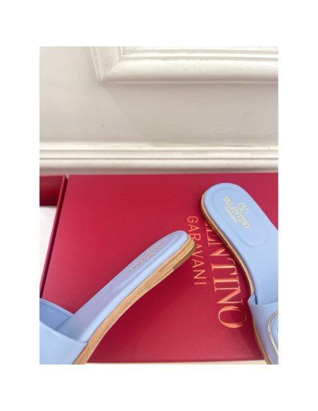 Cheap Reps Valentino VLogo Cut-out Slide Sandals in Blue Leather