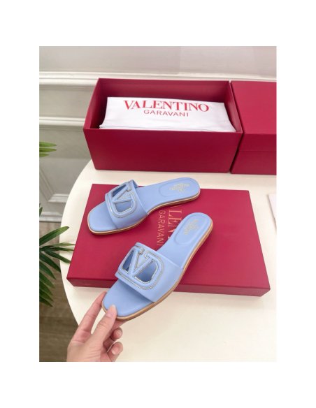 Cheap Reps Valentino VLogo Cut-out Slide Sandals in Blue Leather