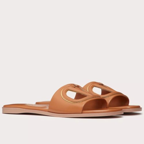 Cheap Reps Valentino VLogo Cut-out Slide Sandals in Brown Leather