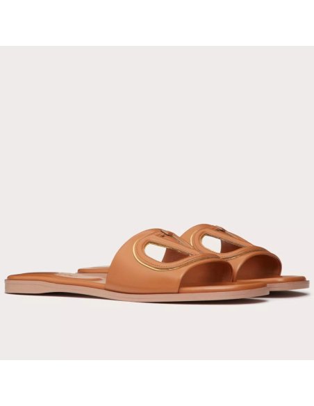 Cheap Reps Valentino VLogo Cut-out Slide Sandals in Brown Leather