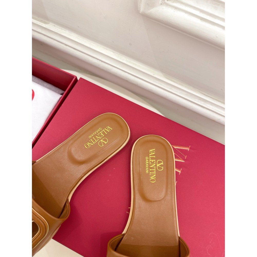 Cheap Reps Valentino VLogo Cut-out Slide Sandals in Brown Leather