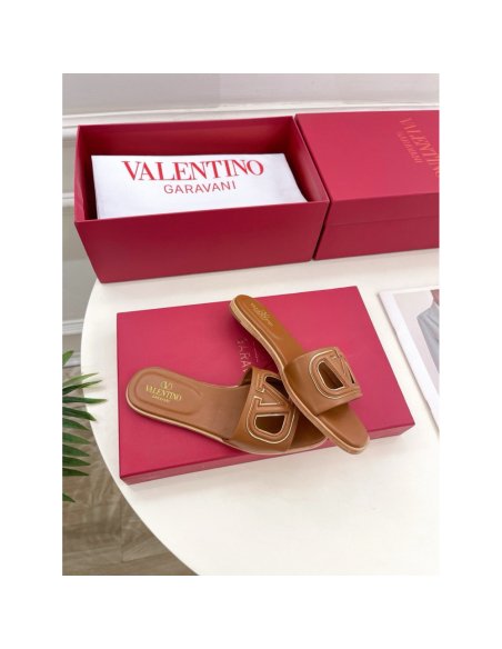 Cheap Reps Valentino VLogo Cut-out Slide Sandals in Brown Leather