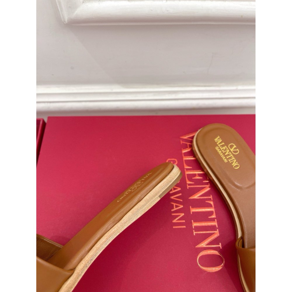 Cheap Reps Valentino VLogo Cut-out Slide Sandals in Brown Leather