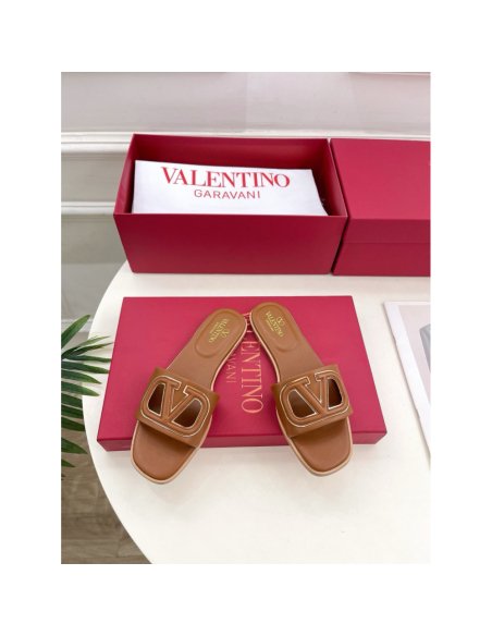 Cheap Reps Valentino VLogo Cut-out Slide Sandals in Brown Leather