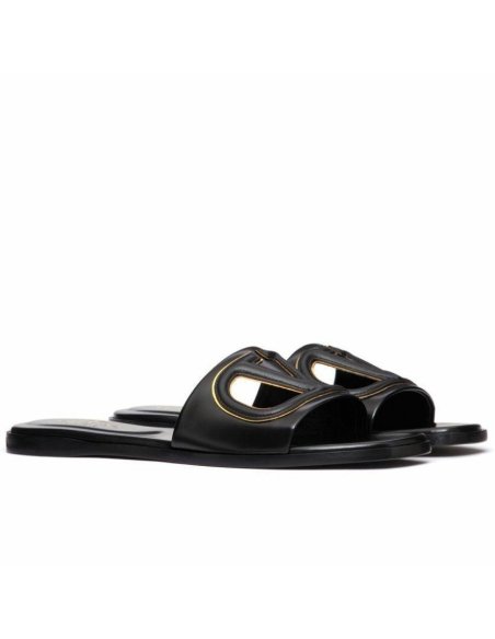 Cheap Reps Valentino VLogo Cut-out Slide Sandals in Black Leather