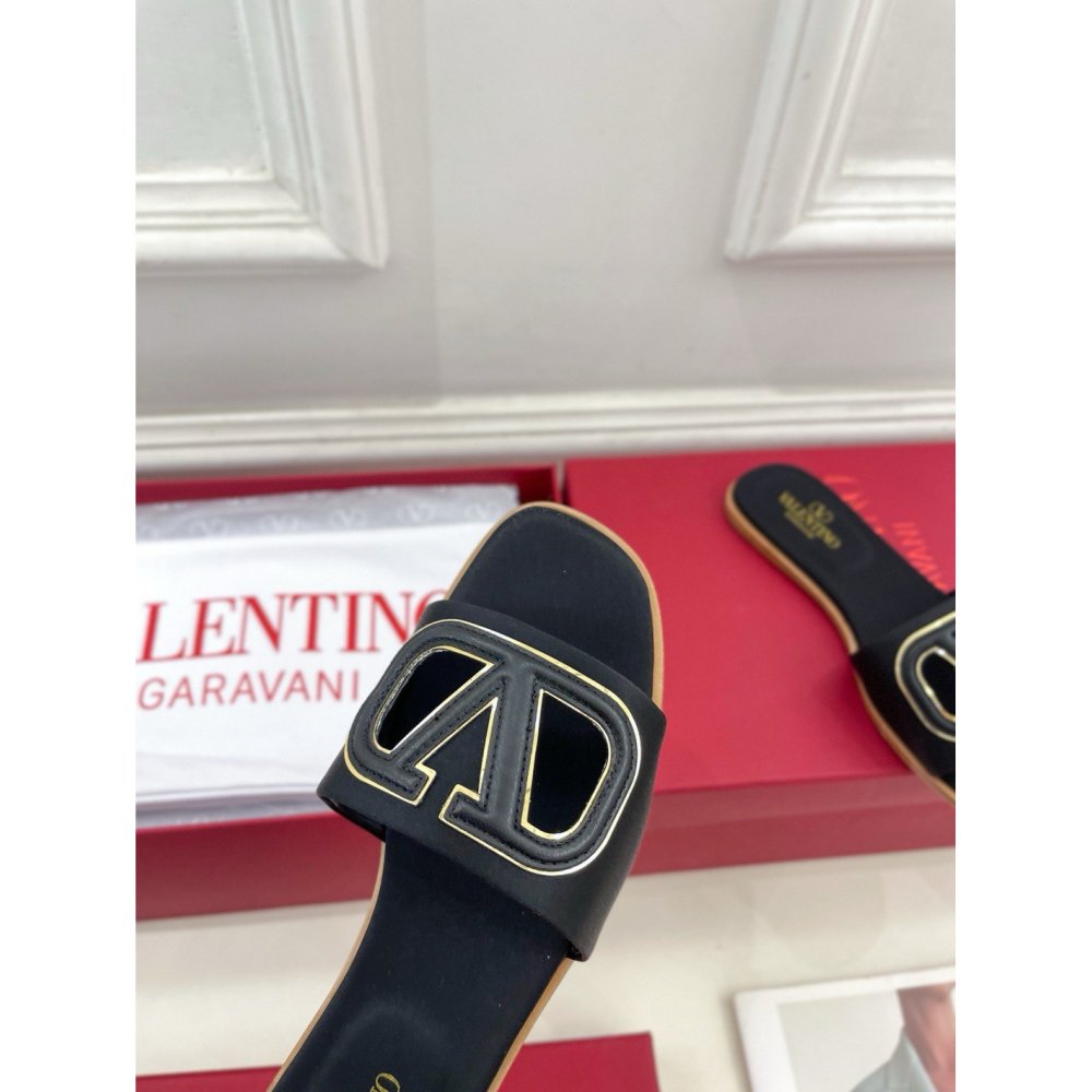 Cheap Reps Valentino VLogo Cut-out Slide Sandals in Black Leather