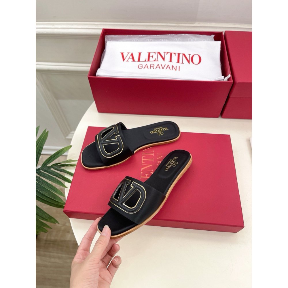 Cheap Reps Valentino VLogo Cut-out Slide Sandals in Black Leather