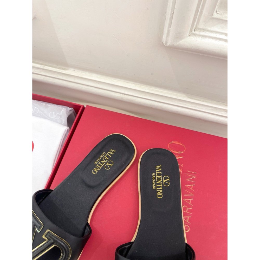 Cheap Reps Valentino VLogo Cut-out Slide Sandals in Black Leather