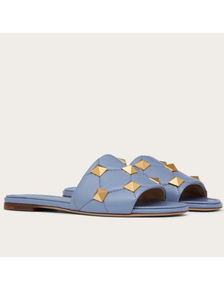 Cheap Reps Valentino Roman Stud Flat Slides In Blue Quilted Nappa