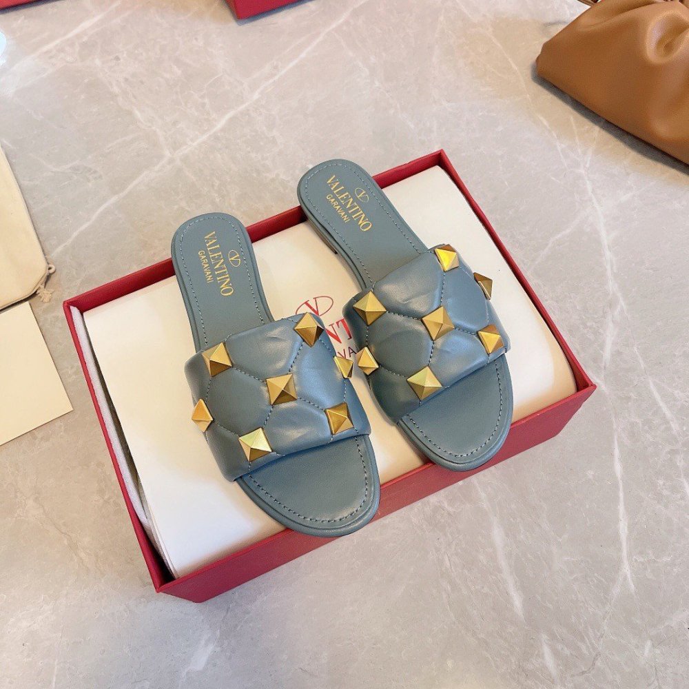 Cheap Reps Valentino Roman Stud Flat Slides In Blue Quilted Nappa