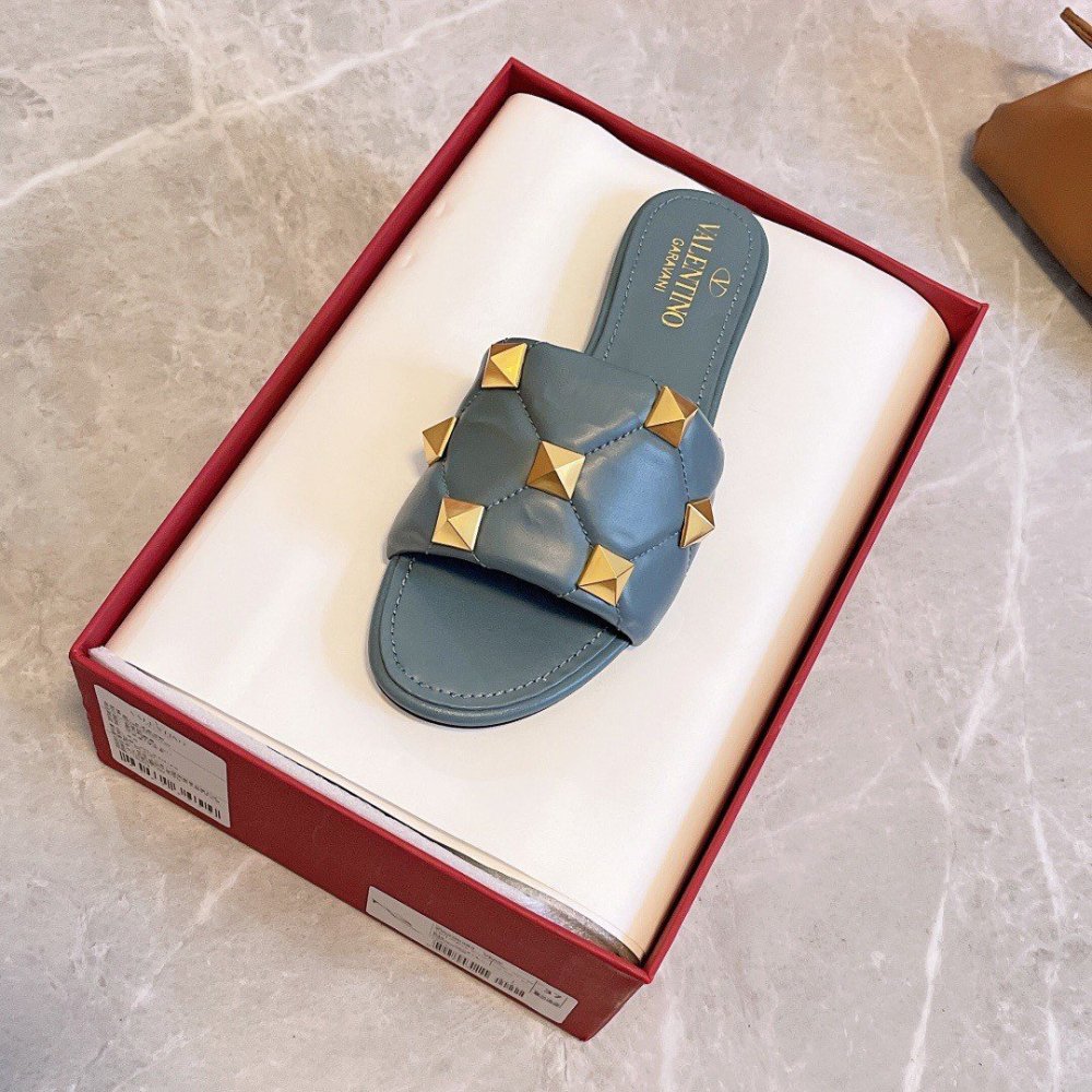 Cheap Reps Valentino Roman Stud Flat Slides In Blue Quilted Nappa