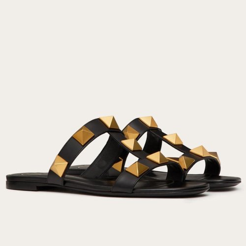 Cheap Reps Valentino Roman Stud Flat Slides In Black Calfskin