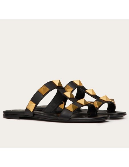Cheap Reps Valentino Roman Stud Flat Slides In Black Calfskin