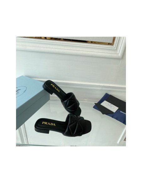 Cheap Reps Prada Womens Slides Sandals In Black Nappa Leather