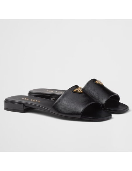 Cheap Reps Prada Womens Slides in Black Saffiano Leather