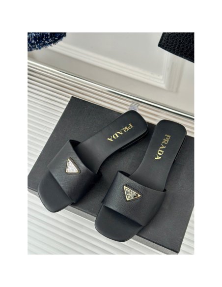 Cheap Reps Prada Womens Slides in Black Saffiano Leather