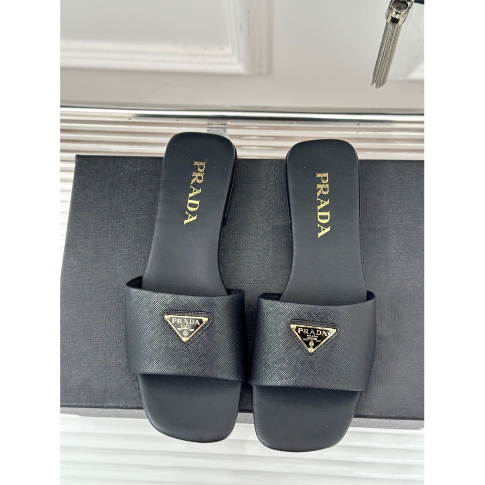 Cheap Reps Prada Womens Slides in Black Saffiano Leather