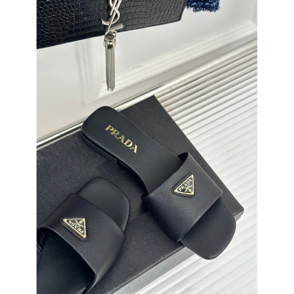 Cheap Reps Prada Womens Slides in Black Saffiano Leather
