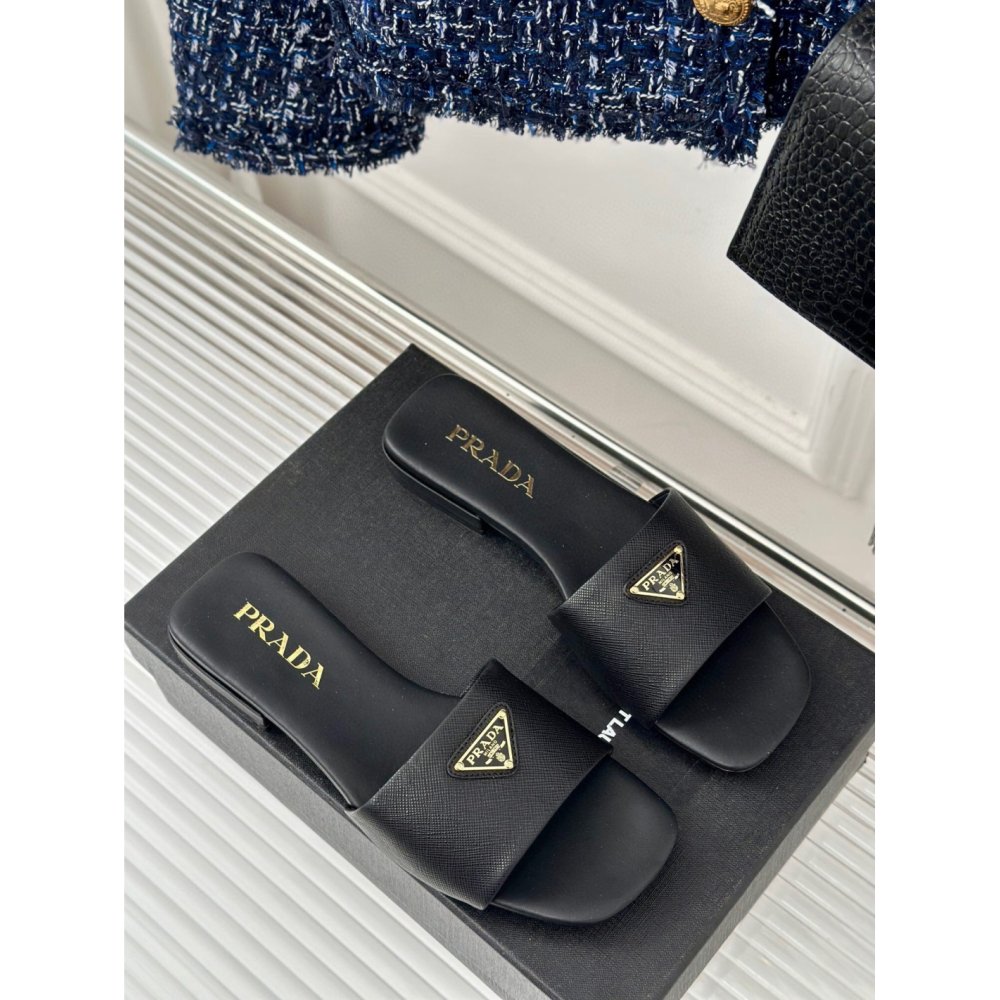 Cheap Reps Prada Womens Slides in Black Saffiano Leather