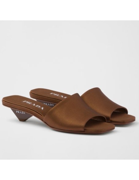 Cheap Reps Prada Heeled Slides 35mm in Tobacco Satin