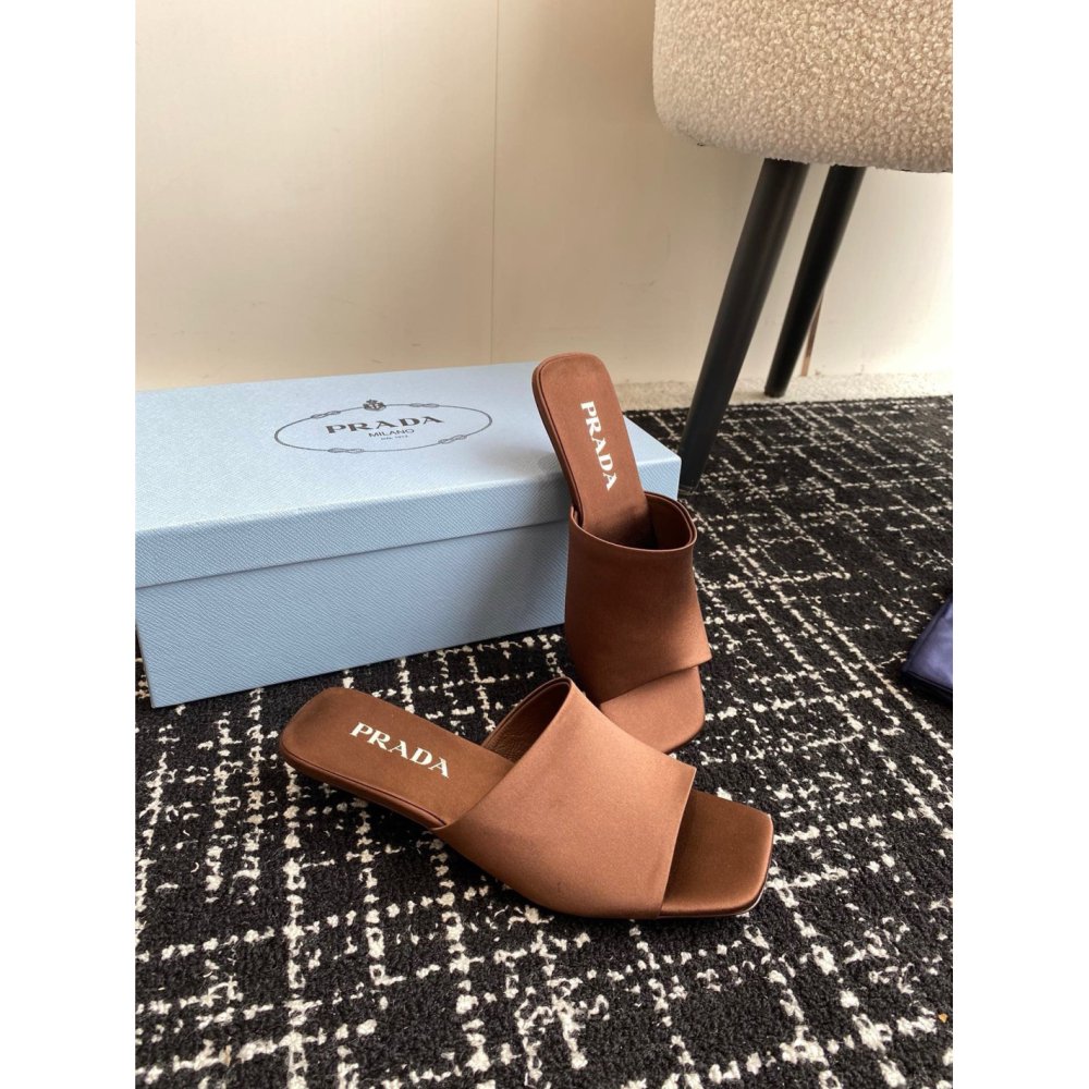 Cheap Reps Prada Heeled Slides 35mm in Tobacco Satin