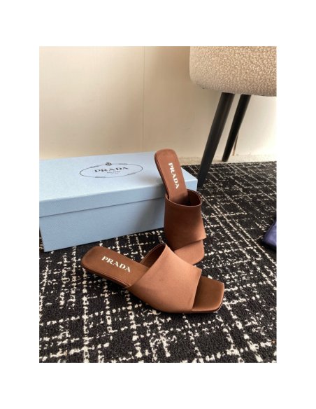 Cheap Reps Prada Heeled Slides 35mm in Tobacco Satin